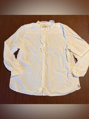 Loft White Ruffle-Trim Button Down Blouse